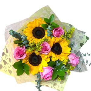 RAMO DE GIRASOLES Y ROSAS ROSADAS