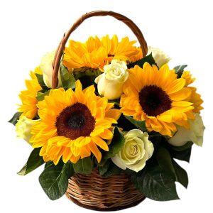 CANASTO DE ROSAS BLANCAS Y GIRASOLES